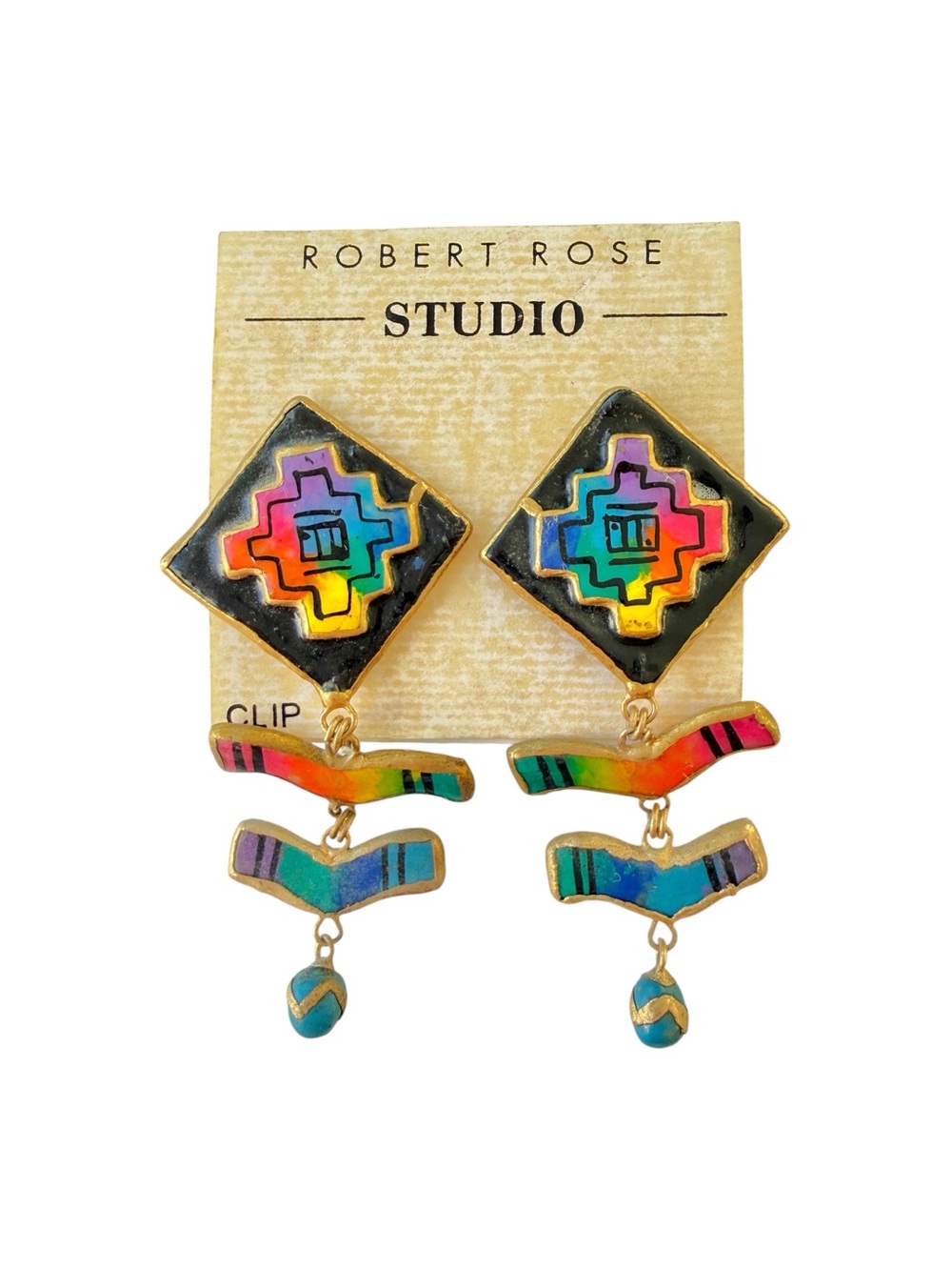 Vintage 1980s Robert Rose Studio Rainbow Paper Resin Clip On Earrings Geometric